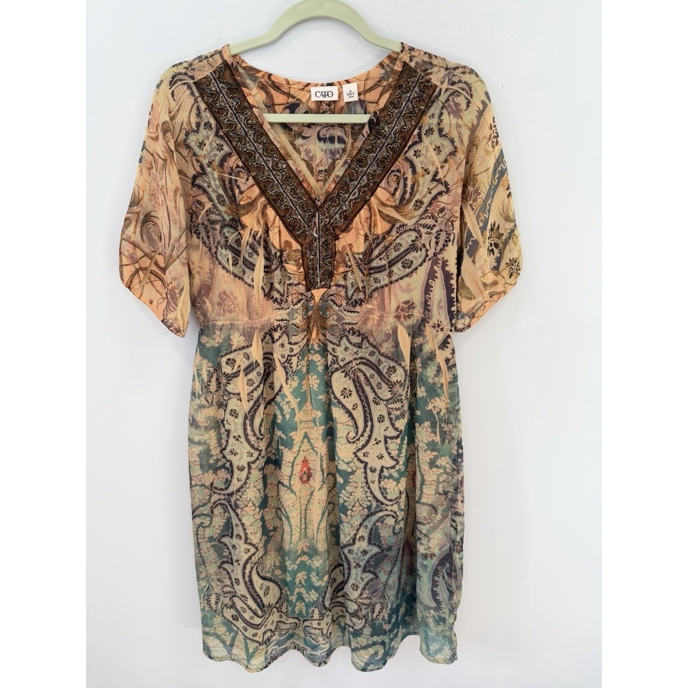 Cato Paisley Boho Dress Medium Embellished V Neck Sheer Sleeve Midi Festival Y2K